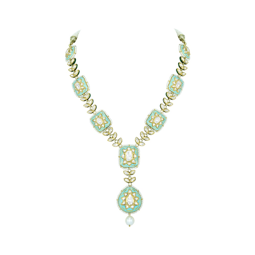 Square Polki Necklace with Turquoise Enamel and Pearl Drop